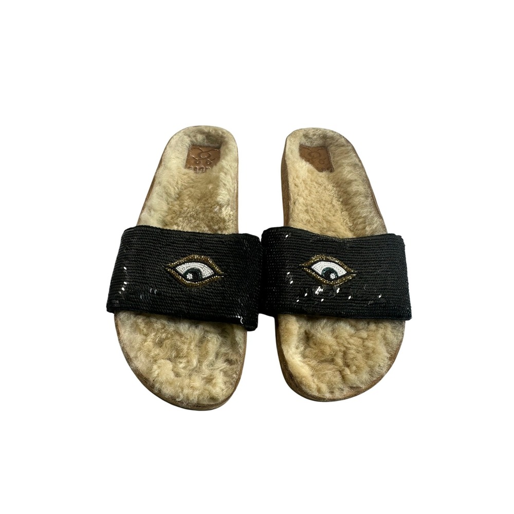 Figue Slide Sandals Women 10 Black Excellent Evil Eye Sequin Fur Lined Boho